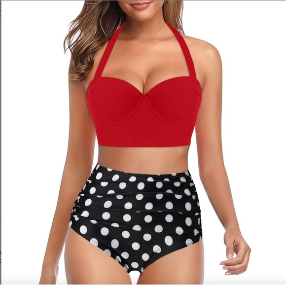 Women’s swimwear Tankini Bathing Suit Red Pol a dot Bikini Swimsuit NWT Size L - Picture 1 of 5